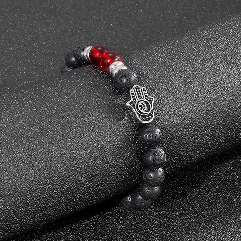 Hamsa Hand Lava Stein Perlenarmband Mit Roten Perlen Edelstahl Fatima Hand Ethnisch Retro Glücksbringer Für Herren Damen