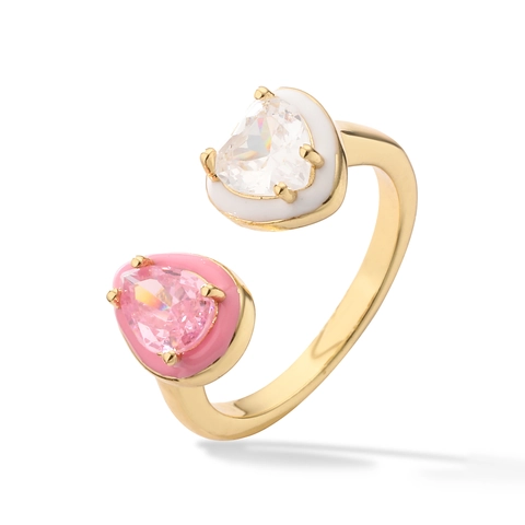 Bague Ouverte en Cuivre Forme de Cœur et Goutte pour Femme Émail Zirconia Incrusté Ajustable Or Argent Bijoux de Mode