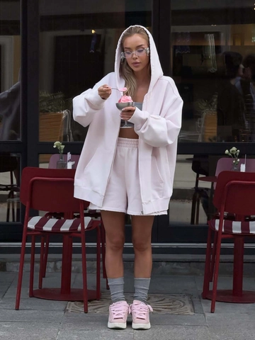 Sweat à Capuche Zippé Oversize Femme Pur Coton Broderie Lettres Manches Longues Streetwear Décontracté Rose