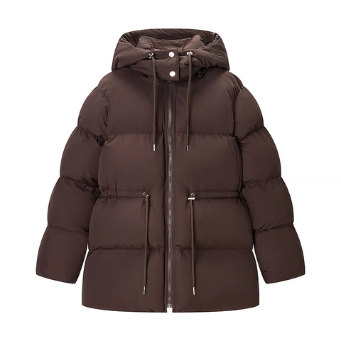 Women Hooded Puffer Jacket Brown Windproof Quilted Padded Coat Drawstring Waist Mid Length Casual Warm Outerwear