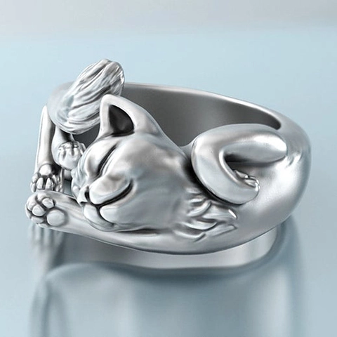 Anello Gatto Regolabile Rame Placcato Argento Vintage 3D Animale Design Fascia Aperta Gioielli Di Moda Per Donna