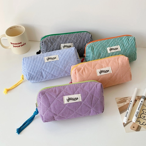 Korean Style Gingham Quilted Pencil Case Large Capacity Cotton Stationery Storage Bag Zipper Pouch For School Students