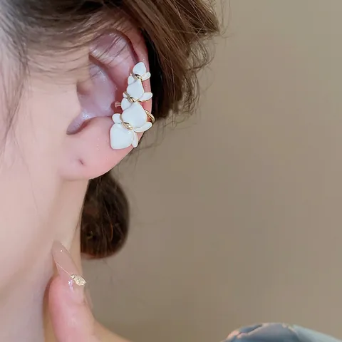 White Orchid Flower Ear Bone Clip Gold Plated Copper Enamel Non Pierced Wrap Earrings Elegant Sweet Jewelry For Women