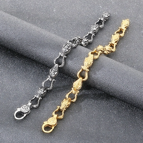 Bracelet À Maillons Tête De Loup En Acier Inoxydable Pour Hommes Bijoux Viking Rétro Punk Biker