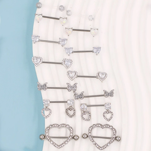 Zinklegering Strass Hart Vlinder Tepelpiercing Set Body Piercing Sieraden Zilveren Barbell Tepelknopjes Voor Vrouwen