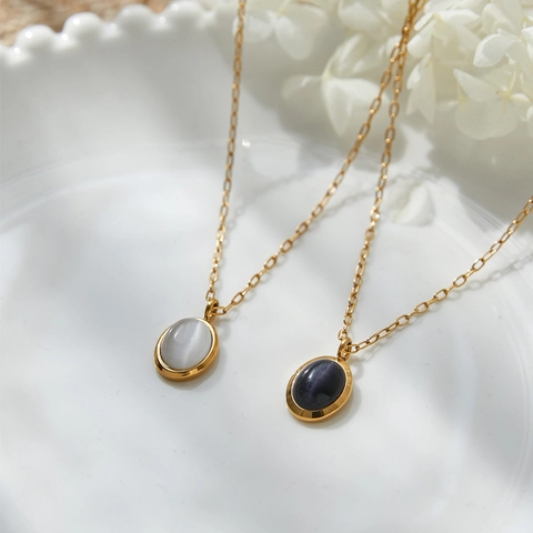 Vintage Ovaal Kattenoogsteen Hanger Halsketting Voor Vrouwen 18K Verguld Titanium Staal Zwarte Onyx Ketting Sieraden