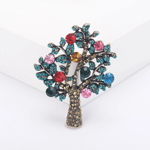 Elegante Spilla ad Albero della Vita in Lega per Donna Vintage con Strass Colorati Intarsiati Gioiello Botanico per Completo Cardigan