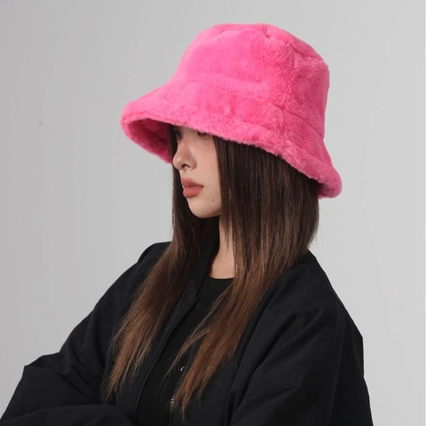 Women Faux Fur Bucket Hat Warm Soft Plush Solid Color Fisherman Cap Winter Outdoor Accessory Japanese Style