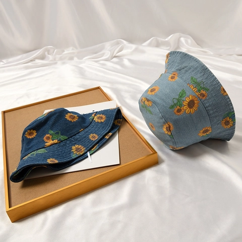 Kids Sunflower Print Denim Bucket Hat Cotton Sun Protection Summer Fisherman Cap Casual Outdoor Beach Hat For Boys Girls