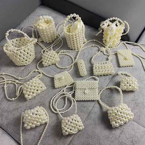 Handmade Faux Artificial Pearl Woven Mini Bag Retro Elegant Beaded Crossbody Handbag Evening Purse For Women Girls