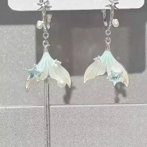 Asymmetric Mermaid Tail Long Tassel Earrings With 925 Sterling Silver Earring Post Artificial Pearl Star Rhinestone For Women