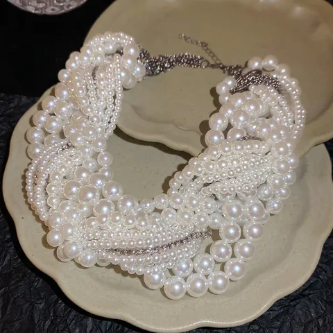 Multi Layer Faux Artificial Pearl Statement Necklace Rhinestone Luxury Stacked Choker Clavicle Chain Elegant Jewelry For Women