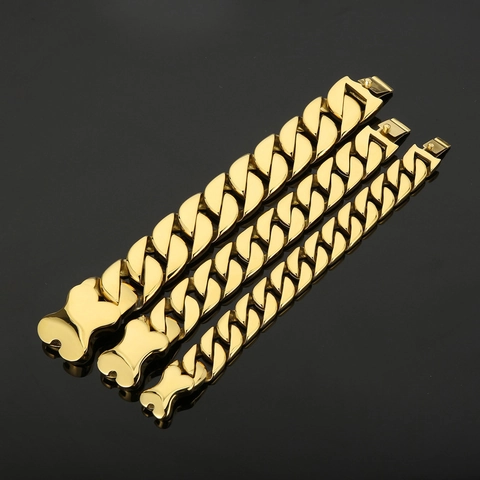 Bracciale Catena Cubana Uomo Acciaio Inossidabile 316L Con Chiusura A Forma Di Osso Lucido Gioielli Hip Hop