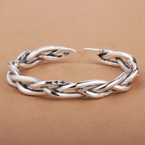 Vintage Braided Twisted Alloy Cuff Bangle For Women Retro Thai Silver Style Open Bracelet Minimalist Jewelry