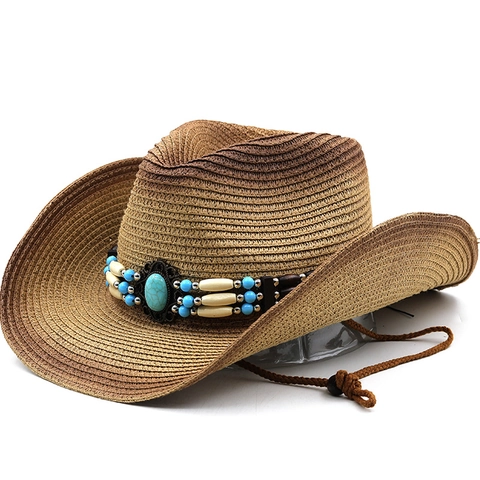 Chapeau De Cowboy En Paille Style Bohème Avec Perles Turquoise Bord Large Chapeau De Soleil Corde Vent Réglable