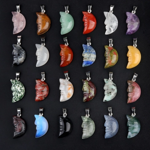 Moon Face Carved Natural Gemstone Pendant Crystal Crescent Stone Charm For DIY Necklace Jewelry Making Polished Celestial Healing Stone