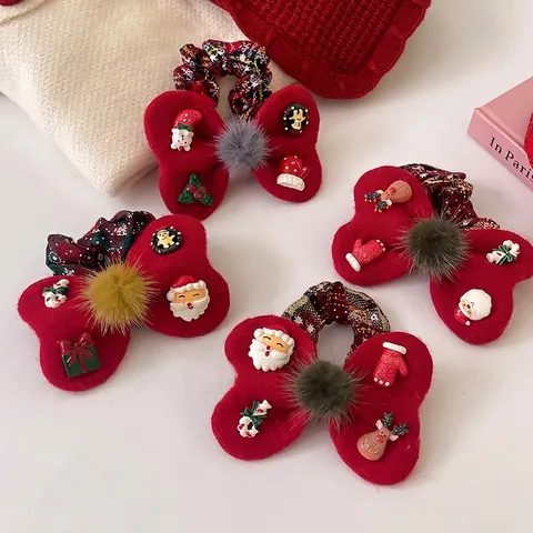 Scrunchie Di Natale Fiocco In Feltro Rosso Pompon Di Peluche Con Babbo Natale Renna Accessori In Resina Elastico Per Capelli