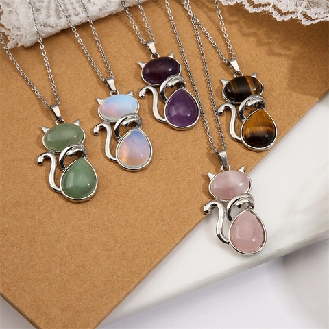 Collana Con Ciondolo Gatto Carino Con Pietre Naturali Ametista Quarzo Rosa Gioielli Animali Vintage Per Donne Ragazze