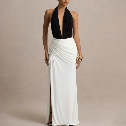 Dames Halter Maxi Jurk Sexy Diepe V-Hals Open Rug Contrastkleur Geplooid Hoge Zijsplit Slanke Pasvorm Elegante Avondjurk