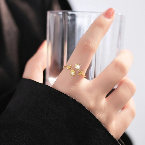 Anillo Ajustable Abierto Flor De Tulipán Cobre Micro Pavé Circón Hoja Joyería Estilo Francés Minimalista