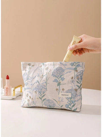 Floral Jacquard Makeup Bag Portable Travel Cosmetic Pouch Canvas Storage Organizer With Flower Zipper Pull For Women