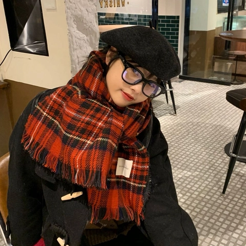 Écharpe À Carreaux D'hiver Pour Femmes Vintage Acrylique Chaud Châle À Franges Rétro Style Coréen Noël Gland Doux
