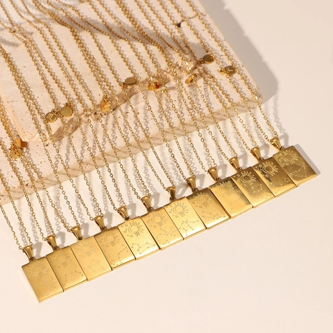 Stainless Steel Gold Plated Zodiac Sign Pendant Necklace For Women Vintage Tarot Style Rectangular Scorpio Leo Aquarius