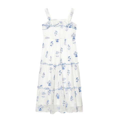 Damen Weiß Blau Floral Stickerei Gestuftes Maxikleid Rüschen Cami Ärmellos Süßer Lolita Stil Off Shoulder