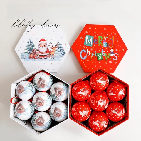 Palle Di Natale Plastica Dipinto Renna Babbo Natale Casa Di Neve Decorazione Appesa Festiva Con Scatola Regalo Esagonale