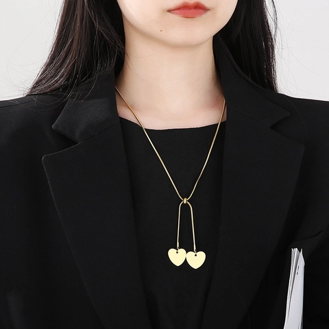 Collar Con Colgante De Doble Corazón De Acero Inoxidable Cadena De Serpiente Ajustable Joyería Elegante