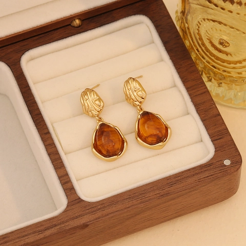 Vintage Faux Amber Resin Earrings With Stainless Steel Earring Post Gold Tone Geometric Teardrop Retro Jewelry Women