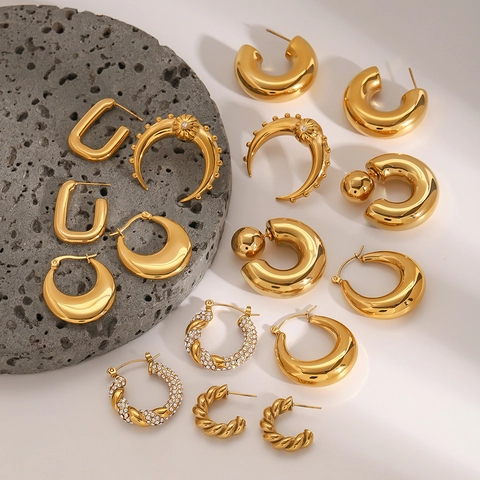 Stainless Steel Earrings With Zircon Geometric Hoop Stud Earrings Gold Silver Trendy Jewelry For Women Fashion INS Style