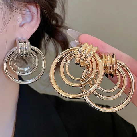 Layered Concentric Hoop Earrings Geometric Triple Round Dangle With 925 Sterling Silver Earring Post Women Modern Fashion
