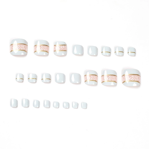 French Style Toe Press On Nails White Pink Scroll Pattern With Gold Line Glossy Elegant False Toenails For Women