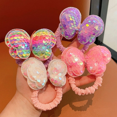 Sequin Bowknot Hair Ties Colorful Elastic Fabric Ponytail Holders Hair Accessories For Kids Girls