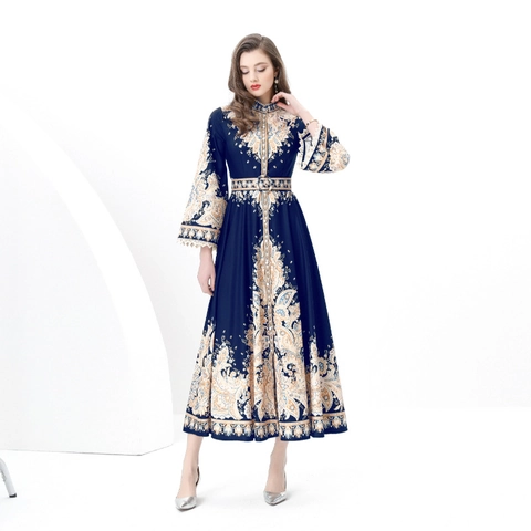 Robe Maxi Imprimée Style Palais Rétro Manches Longues Col Montant Boutonnée Coupe Trapèze Avec Ceinture Polyester