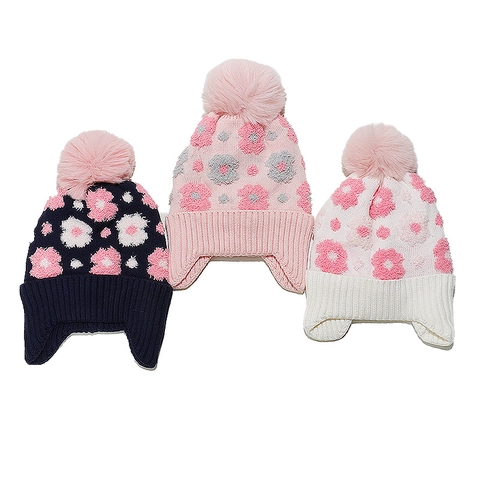 Kids Knitted Beanie Hat With Ear Flaps Acrylic Fleece Lined Warm Winter Floral Pom Pom For Girls