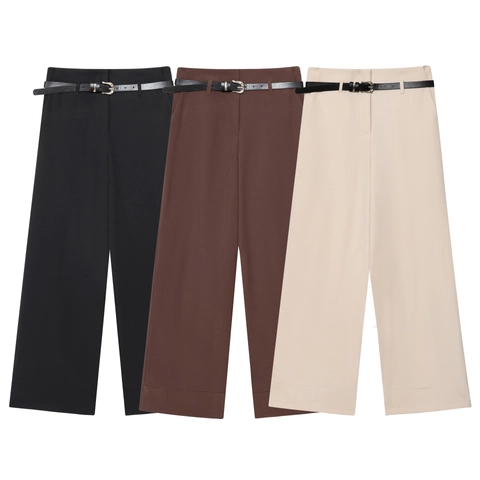 Pantalones Mujer Cintura Alta Pierna Ancha Con Cinturón Poliéster Recto Elegante Oficina Commuter Estilo Moda Casual