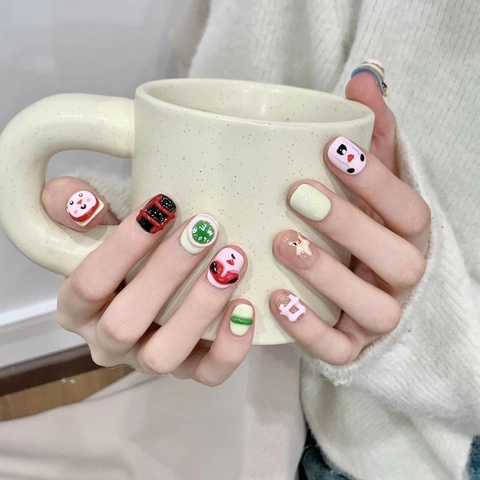 Cute 3D Cartoon Bear Relief Press On Nails Handmade Macaron Star Heart Fake Nails For Women Student Daily Decorative Nail Art