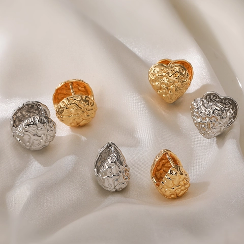Pendientes De Cobre Con Textura Martillada Irregular De Corazón Y Bola Para Mujer Moda Simple Elegante Geométrico Chapado En Oro Plata