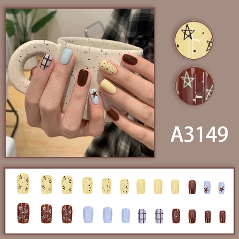 Press On Nails Star Plaid Pattern Sweet Ins Style False Nail Tips Chocolate Blue Cream Color Fashion For Women