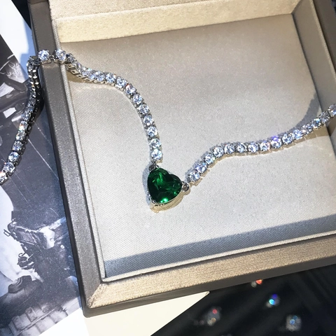 Heart Shaped Green Gemstone Pendant Necklace Copper With Round White Zircon Tennis Chain Elegant Choker For Women