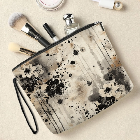 Borsa Per Cosmetici Con Motivo Floreale Inchiostro Pochette Trucco In Lino Fine Cerniera Cinturino Da Polso Organizer Da Viaggio