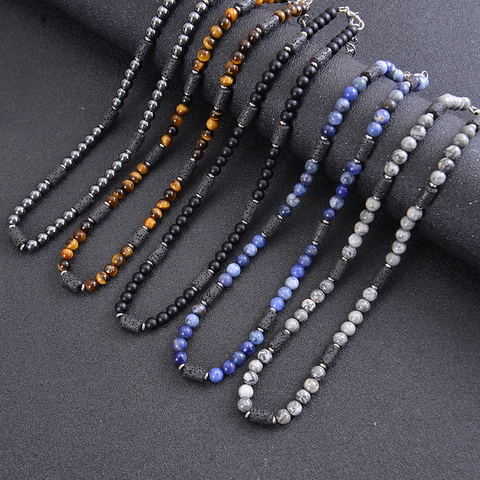 Natural Gemstone Beaded Necklace Lava Rock Stone Handmade Bohemian Jewelry For Men And Women With Alloy Lobster Claw