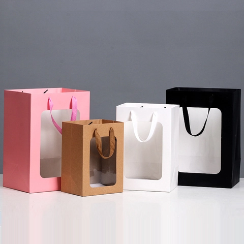 Paper Gift Bag With Clear Window And Handle For Flower Packaging Souvenir Wedding Birthday Party Stationery Wrapping
