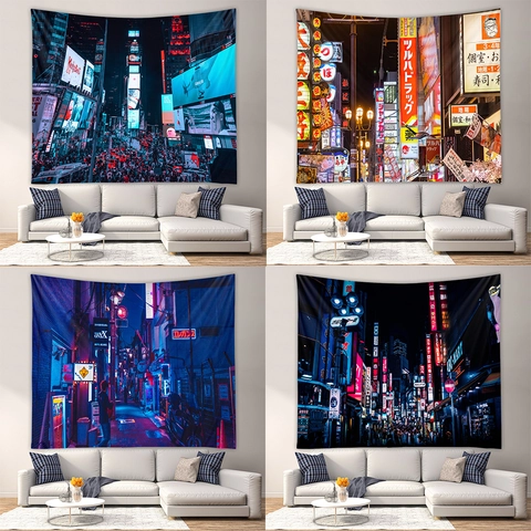 Arazzo Scena Notturna Giapponese Neon Poliestere Tenda Da Parete Cyberpunk Urbano Sfondo Decorazione Casa Soggiorno