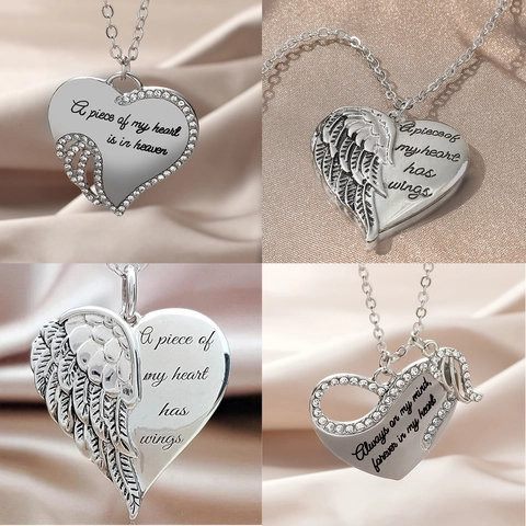 Engel Flügel Herz Anhänger Halskette Legierung Strass Memorial Sentimental Schmuck Für Damen