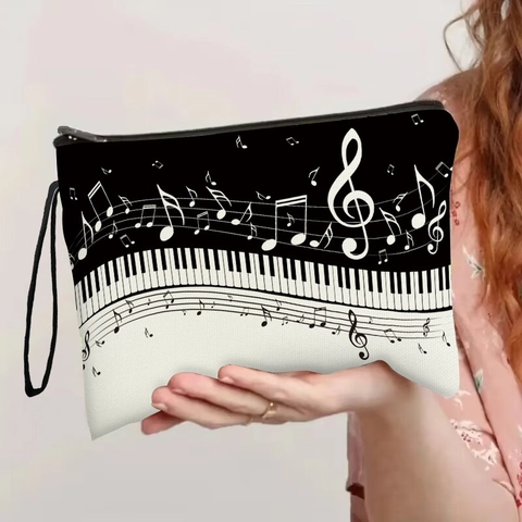 Music Theme Cosmetic Bag Polyester Linen Texture Piano Keys Notes Print Zipper Toiletry Pouch With Wristlet Strap Artistic Travel Organizer