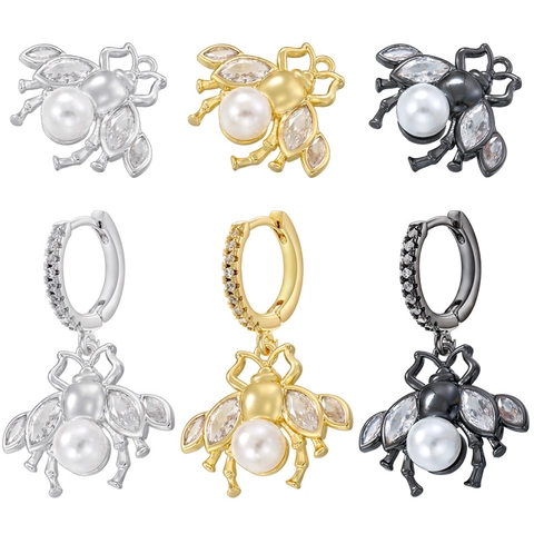 Pendientes De Gota Abeja Colgante Cobre Con Perla Artificial Y Zirconia Tema Insecto Moda Joyería Para Mujeres