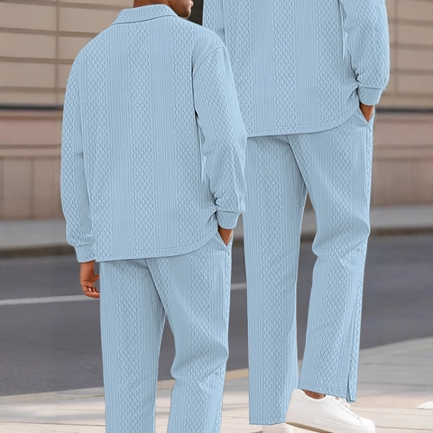 Men Casual Outfits Waffle Knit Long Sleeve Polo Shirt And Pants Solid Color Loose Fit Polyester Loungewear